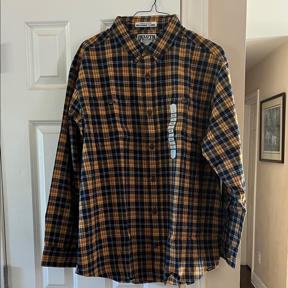Duluth Trading Co Men's Black and Orange Plaid Shirt
